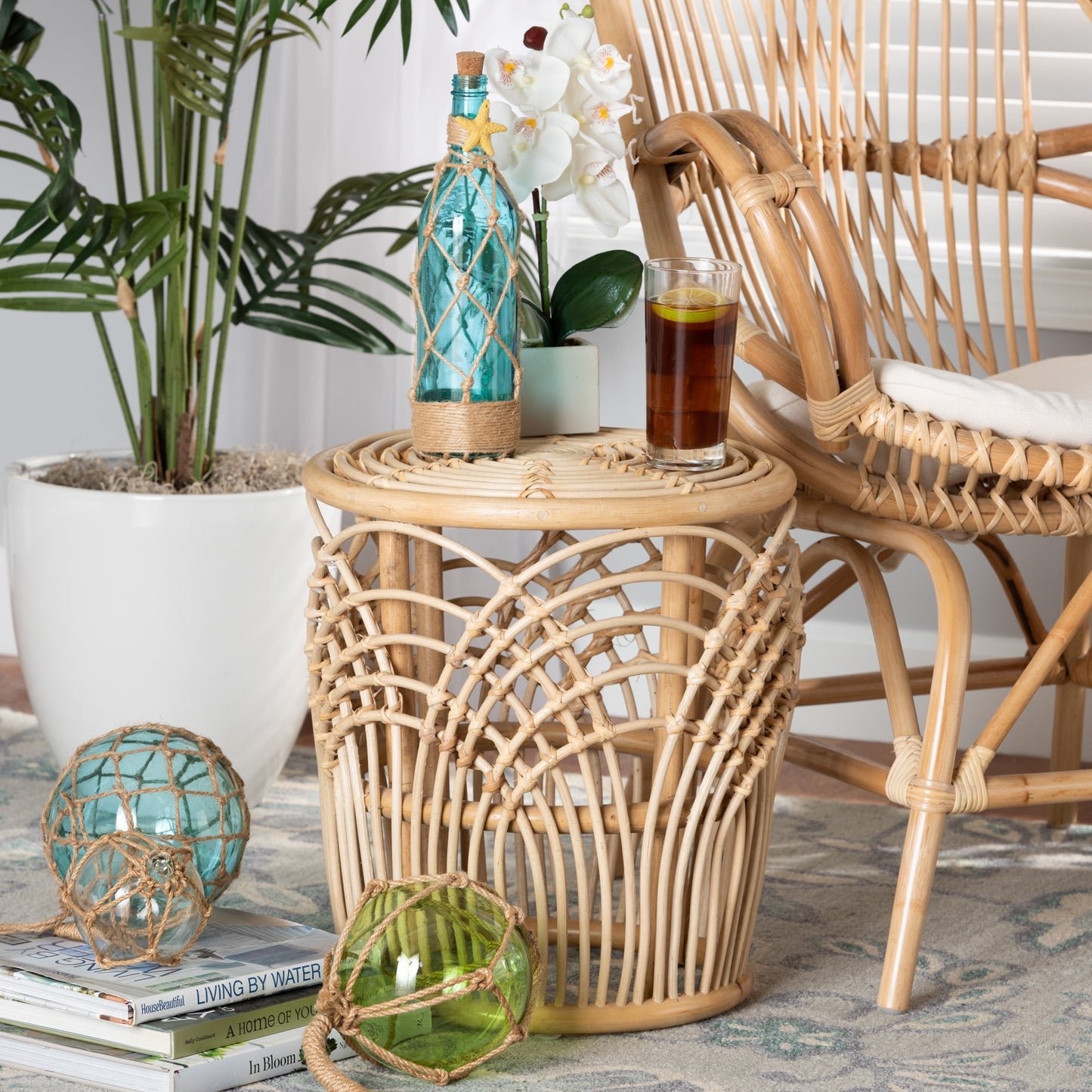 bali & pari Edena Rattan BOHO End Table, Natural Brown