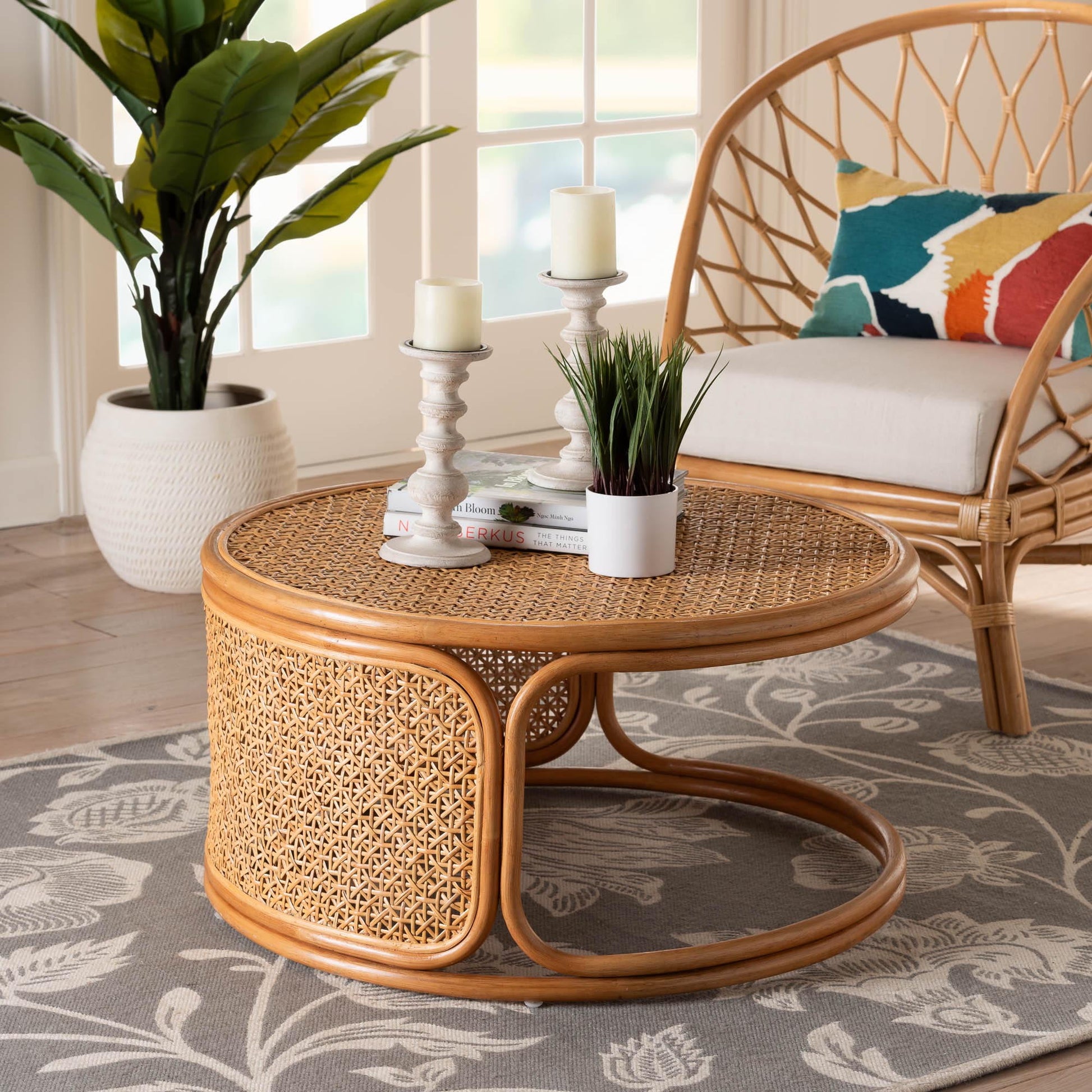 bali & pari Eldon Boho Coffee Table, Handwoven Natural Rattan, Honey