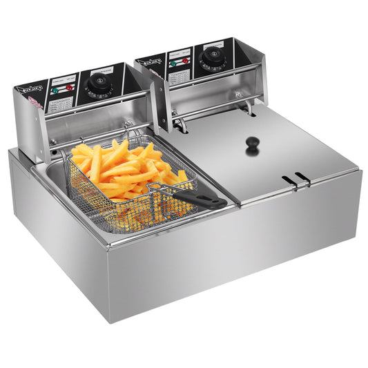 enyopro Electric Stainless Steel Deep Fryer, Commercial Countertop Fryer with 2 Baskets, Deep Fryers French Fries Fish Turkey Restaurant Home Kitchen, Adjustable Temperature, 5KW 12L, B131