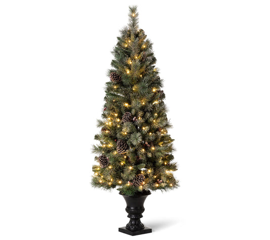 Glitzhome 5ft Flocked Pine Lighted Faux Christmas Porch Tree