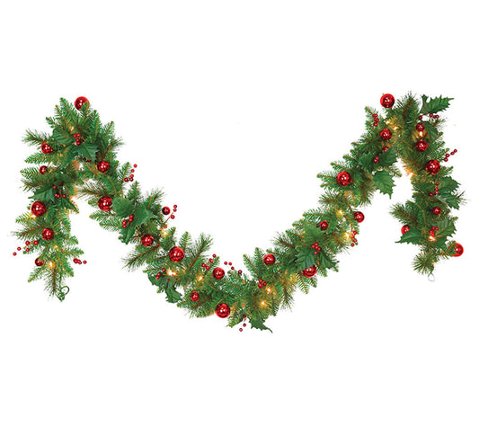 SW 10"x9' garland with red balls/berries
