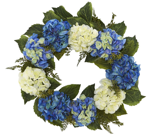 24" Blue and White Hydrangea Wreath by Nearly Natural
