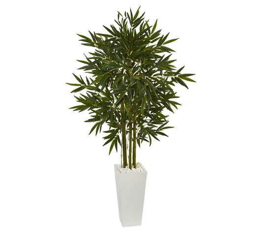6' Bamboo Tree in White Tower Planter by NearlyNatural