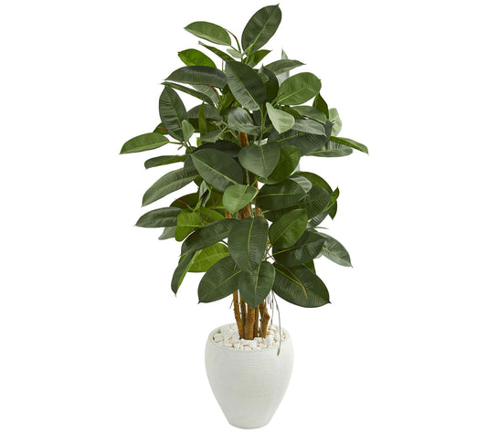 53" Rubber Tree in White Planter by Nearly Natural