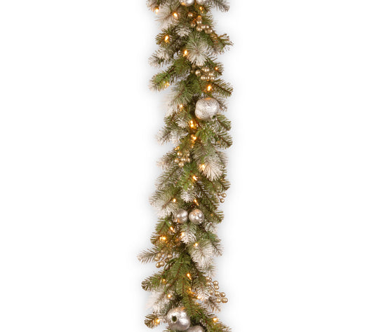 9'L Glittery Pomegranate Pine Garland with Clear Lights