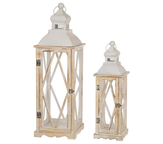 Glitzhome Farmhouse White Wood/Metal Lanterns,Set of 2