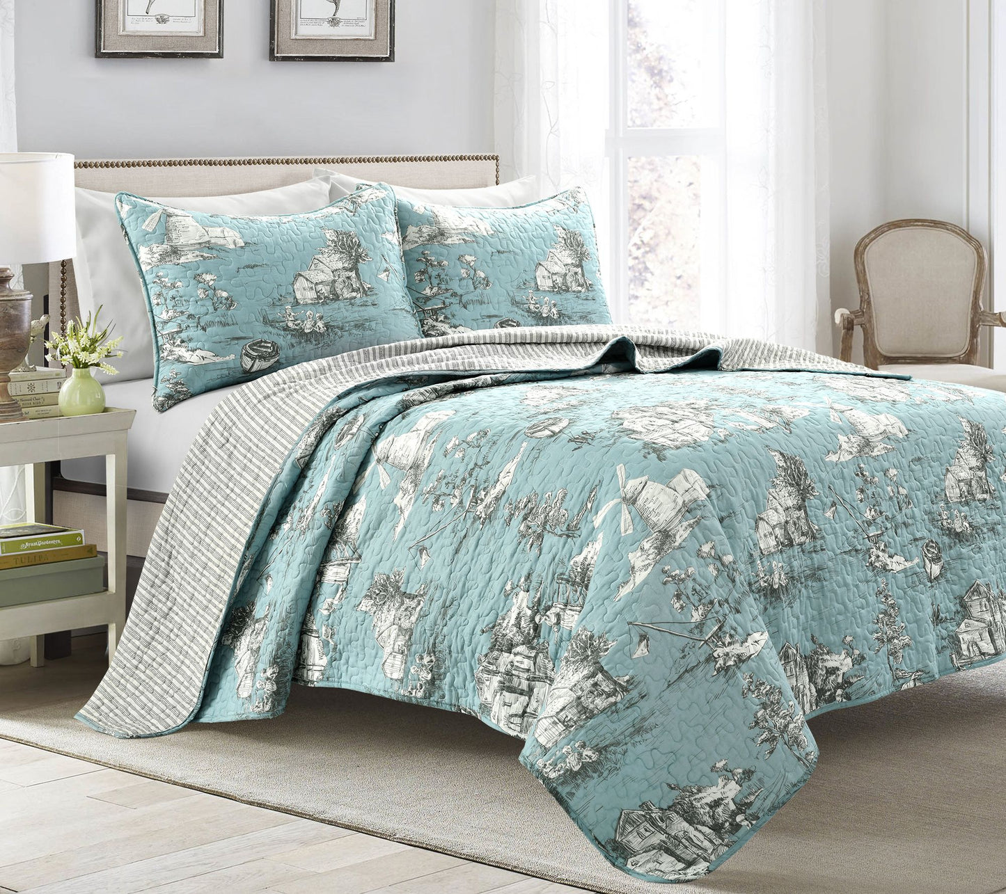 French Country Toile Cotton 3Pc King Quilt Set