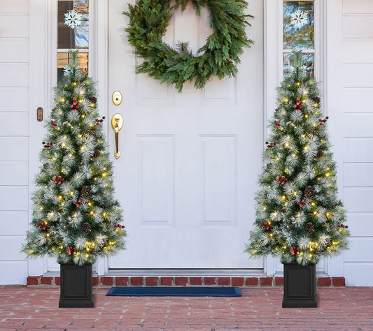 Glitzhome Set of Two 5' Pre-Lit Pine Artificial Porch Tree