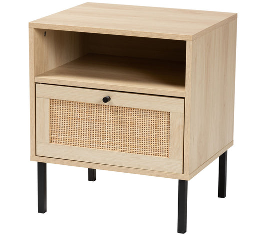 Caterina Brown Wood and Natural Rattan 1-Door N ightstand