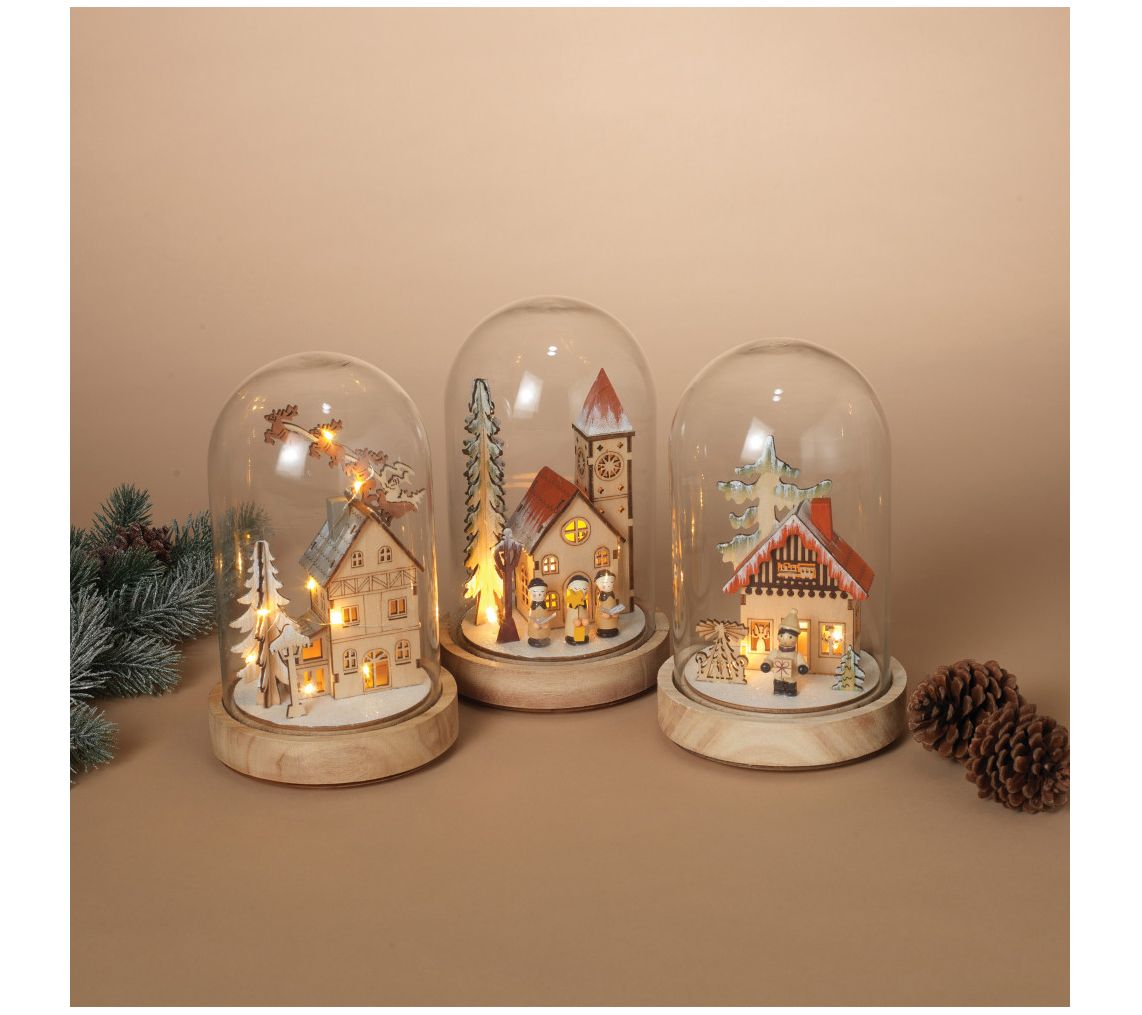 Set of 3 Holiday Scene Lighted Glass Domes by Gerson Co