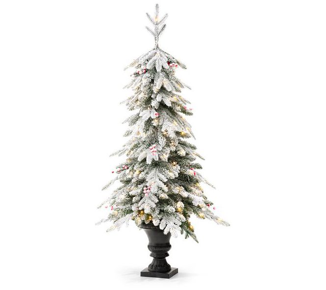 Glitzhome 5FT Pre-Lit Flocked Artificial Christmas Porch Tree