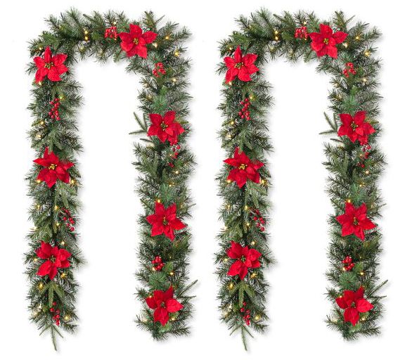 Glitzhome 9' Pre-Lit Poinsettia Christmas Garlands S/2
