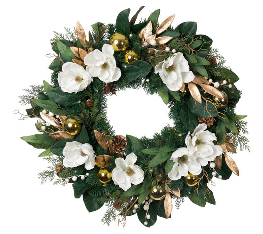 Village Lighting 30" Pre-Lit LED Wreath - White  Gold Magnolia