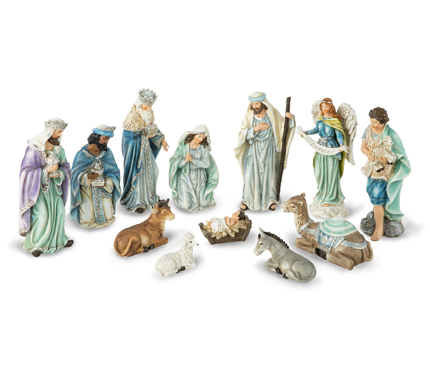 Glitzhome 12pc Deluxe Blue Resin Nativity Figur ine Set