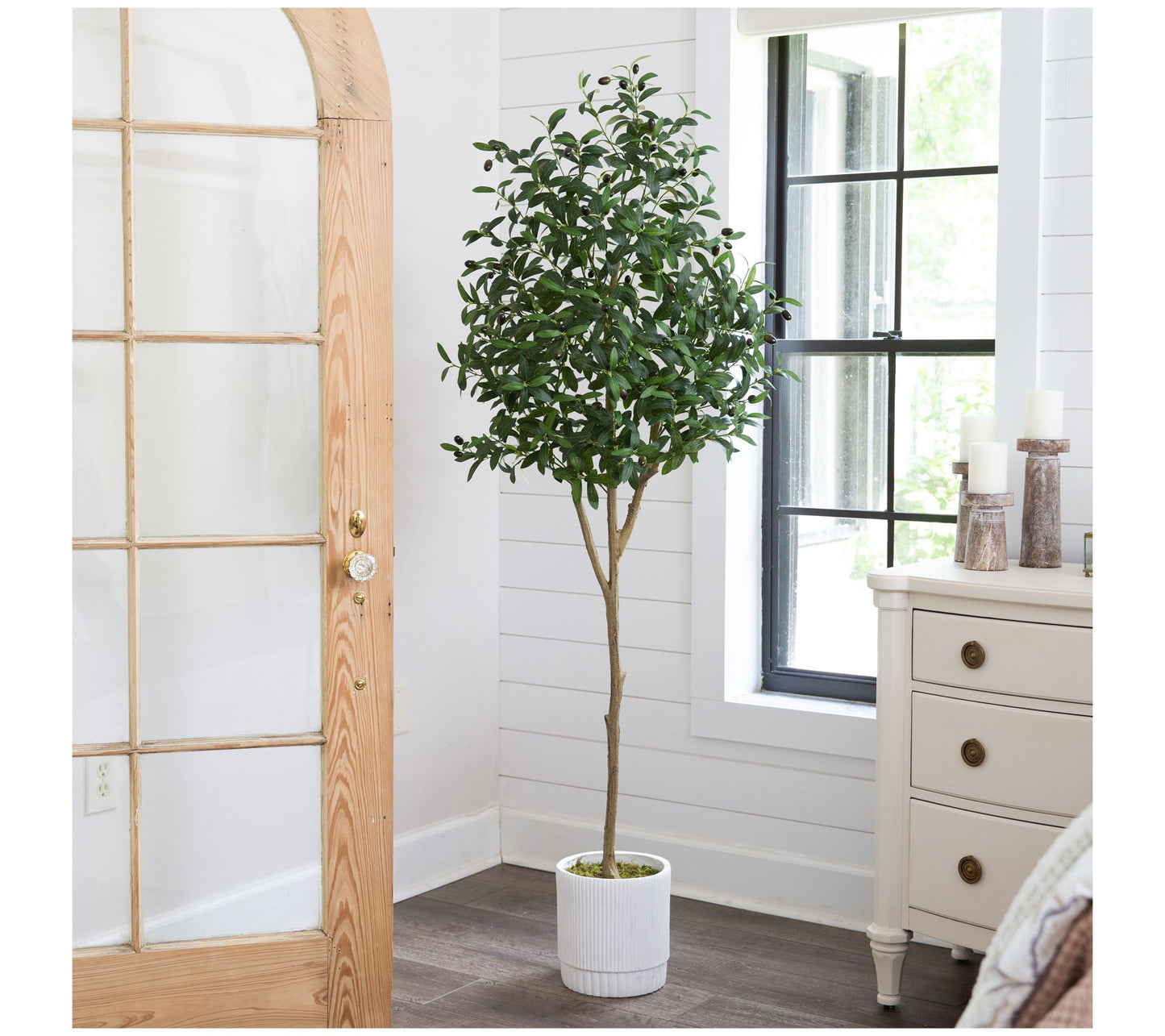 Nearly Natural 6' Artificial Olive Tree with Wh ite Planter