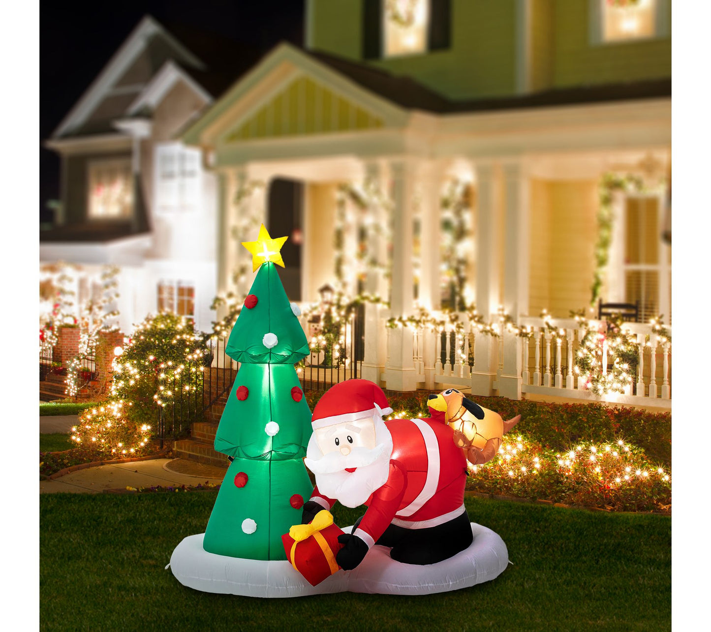 Glitzhome 6.5FT Lighted Dog bites Santa Inflatable Decor