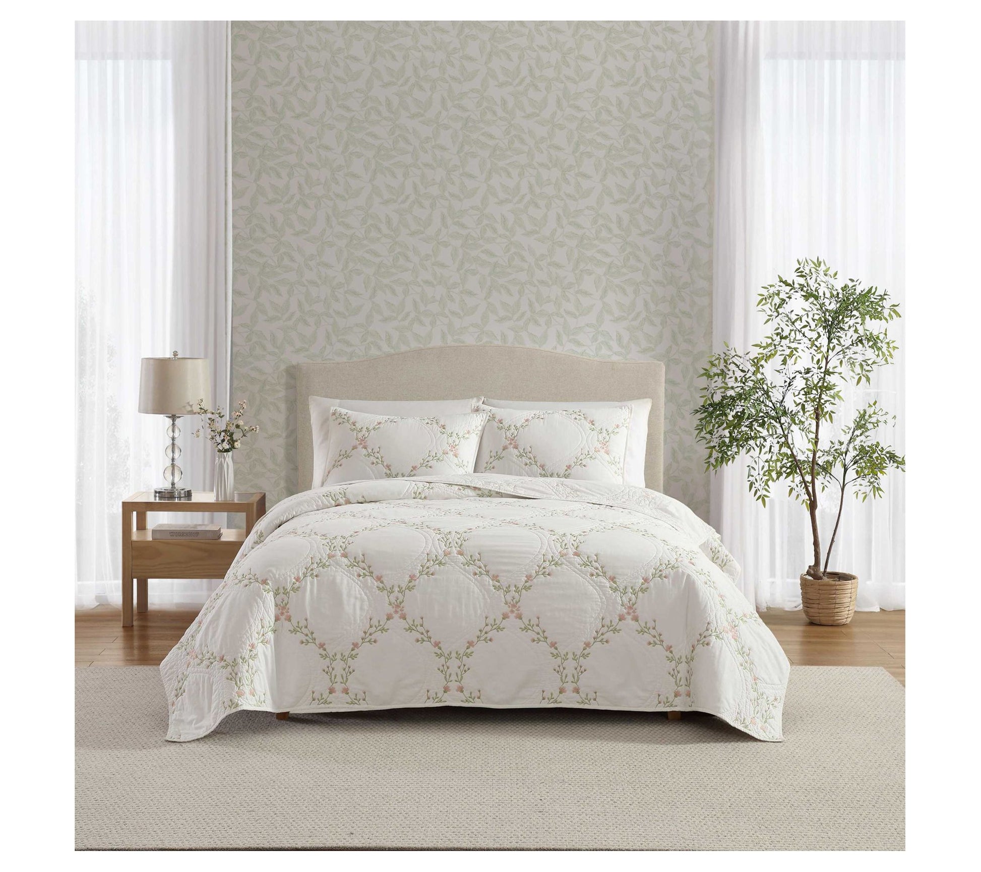 Laura Ashley Floral Embroidery Pink Twin QuiltSham Set