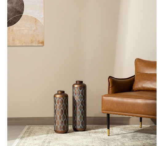 Glitzhome Metal Antiqued Verdigris Cylinder Floor Vases S/2