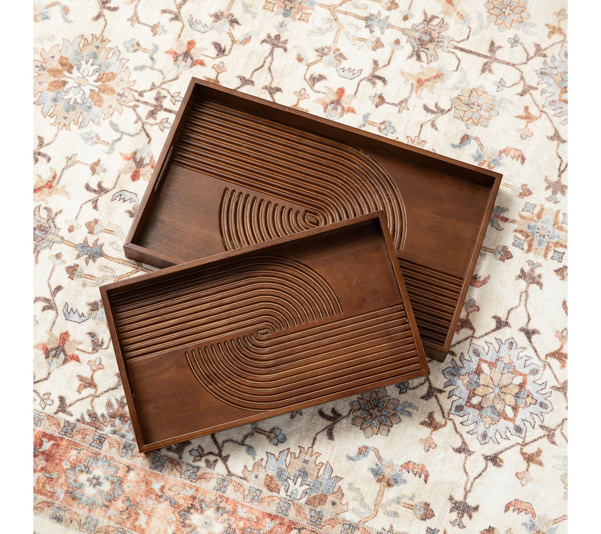 Glitzhome Rectangle Rubber Wood Abstract Decorative Tray 2-Set
