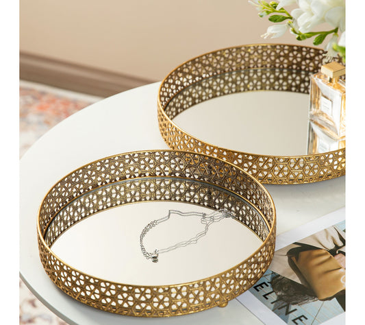 Glitzhome Set of 2 Round Metal Mirrored Decorative Trays