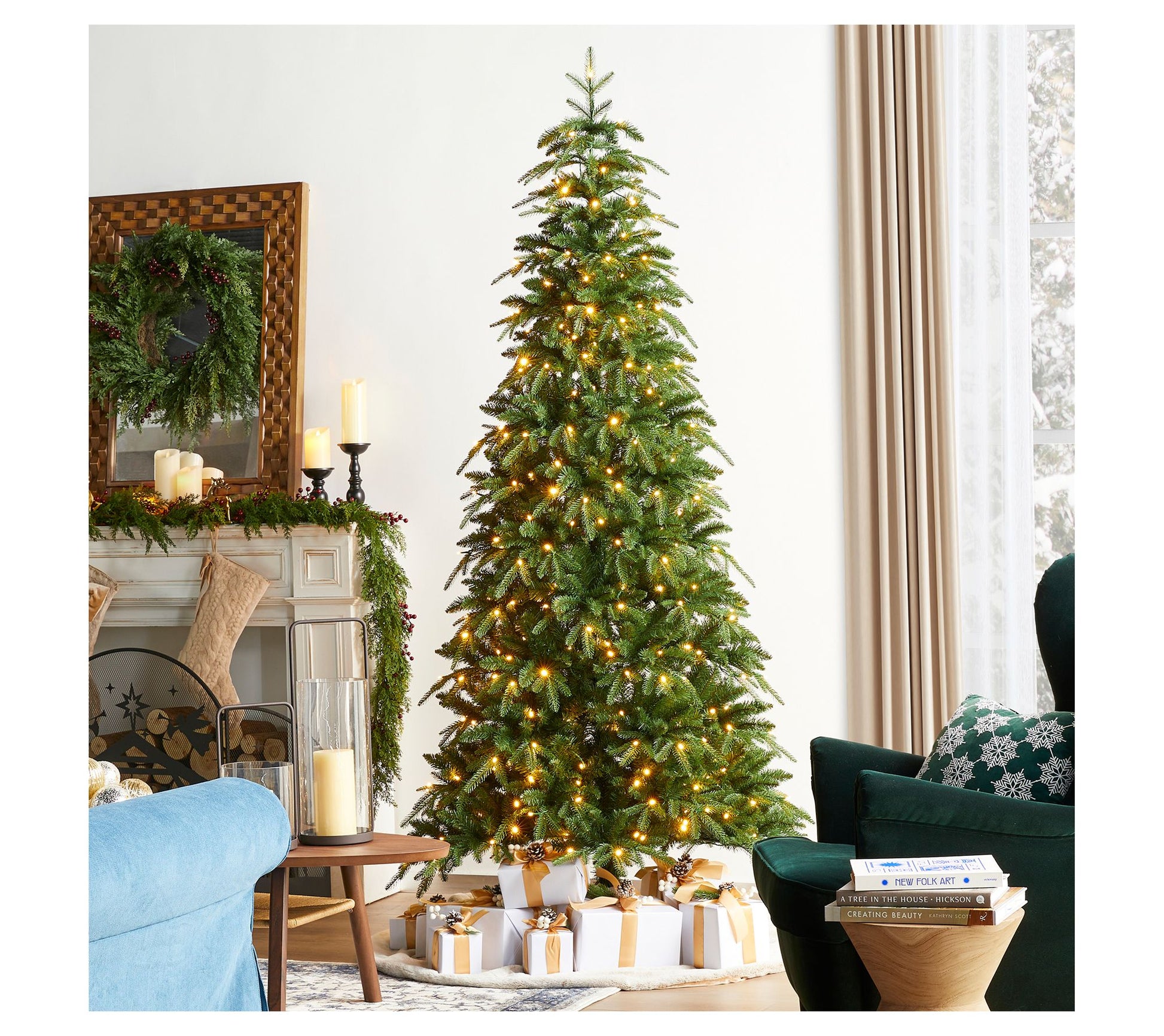 Glitzhome 7.5' LED Pre-Lit Green Fir Slim FauxChristmas Tree