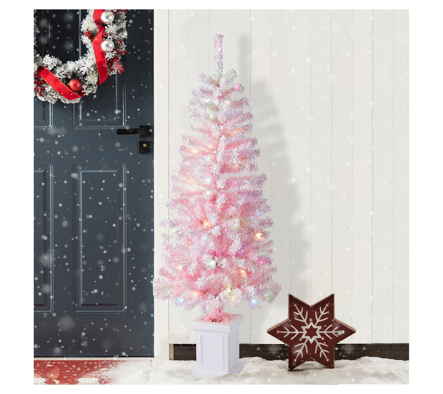 Glitzhome 5' Pre-Lit Flocked Pink Faux Christmas Porch Tree