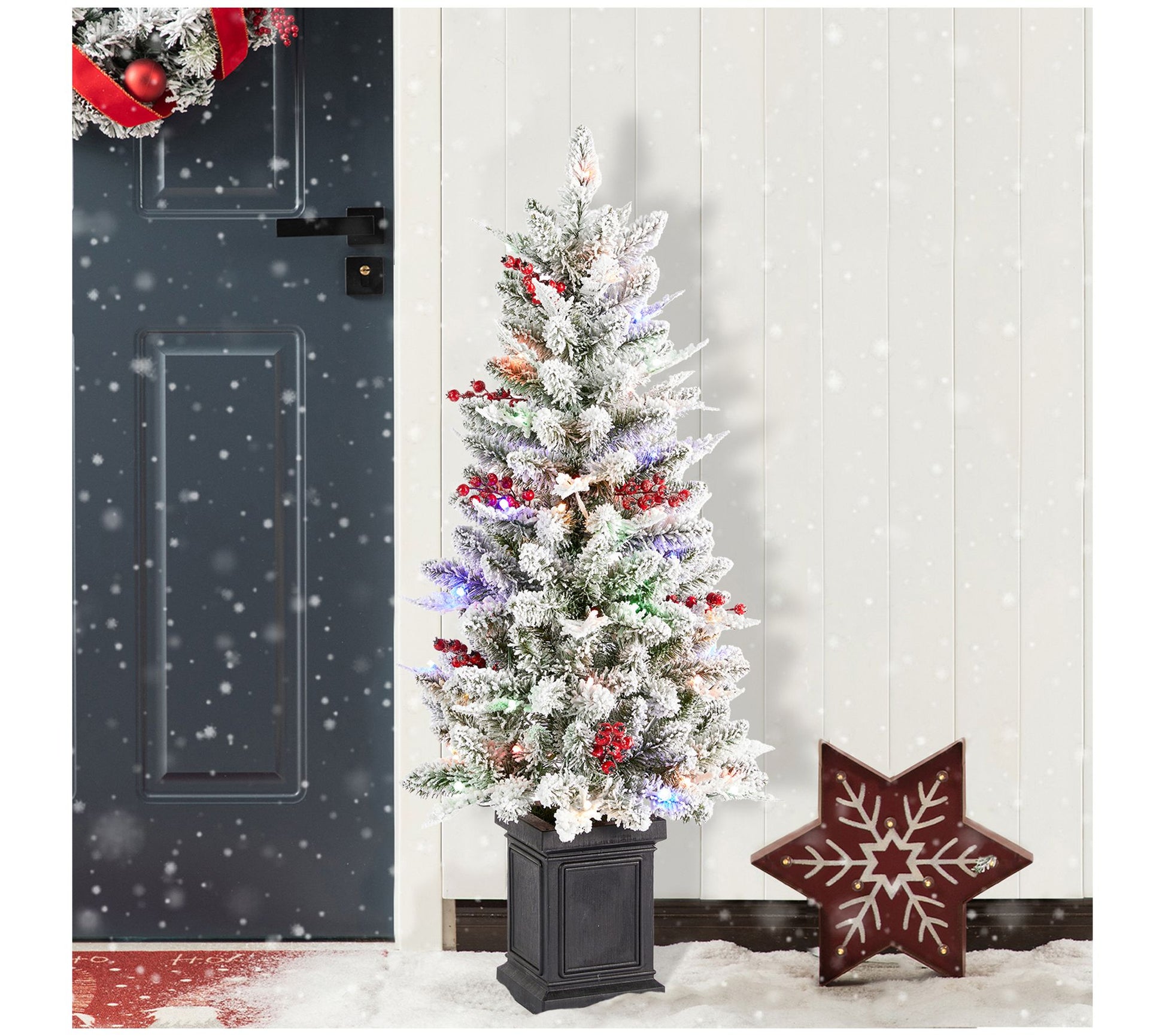 Glitzhome 4' LED Pre-Lit Flocked Faux ChristmasPorch Tree
