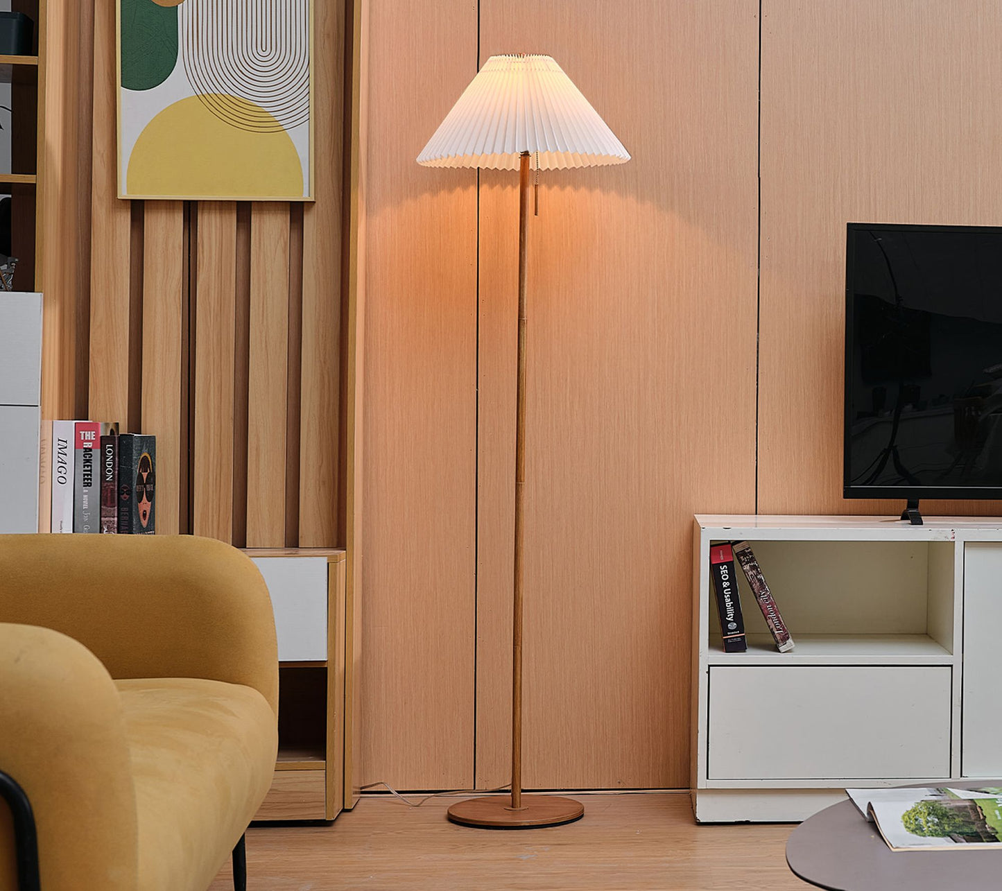 Globe Electric 62" Wood Toned Floor Lamp Pleated Fabric Shade